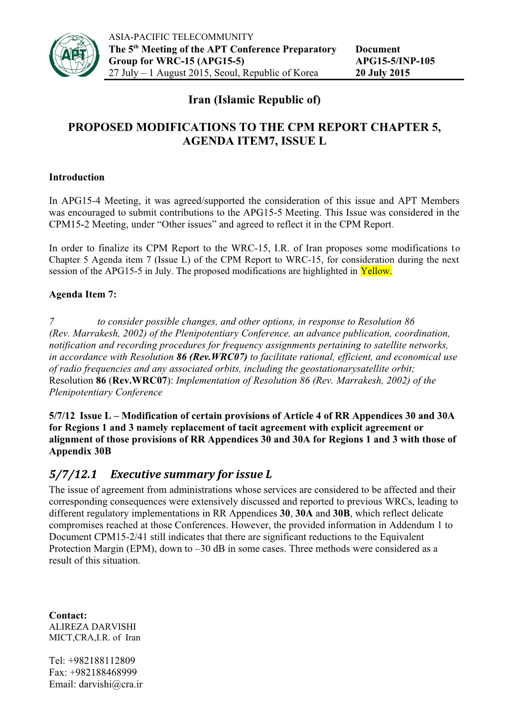 Proposed Modifications to the Cpm Reportchapter 5, Agenda Item7, Issue L
