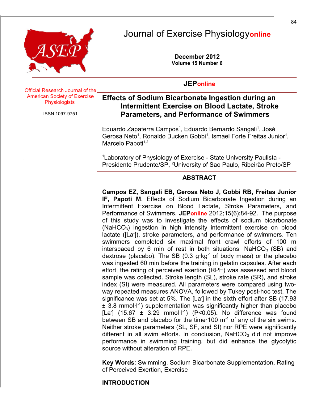 Effects of Sodium Bicarbonate Ingestion During an Intermittent Exercise on Blood Lactate