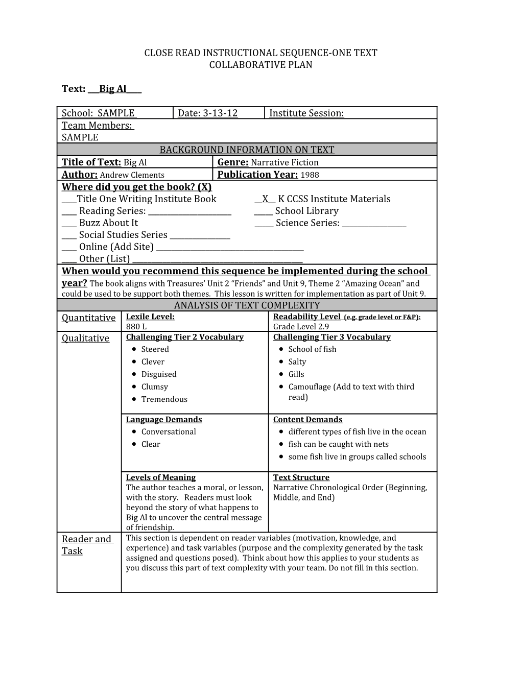 Close Read Instructional Sequence-One Text