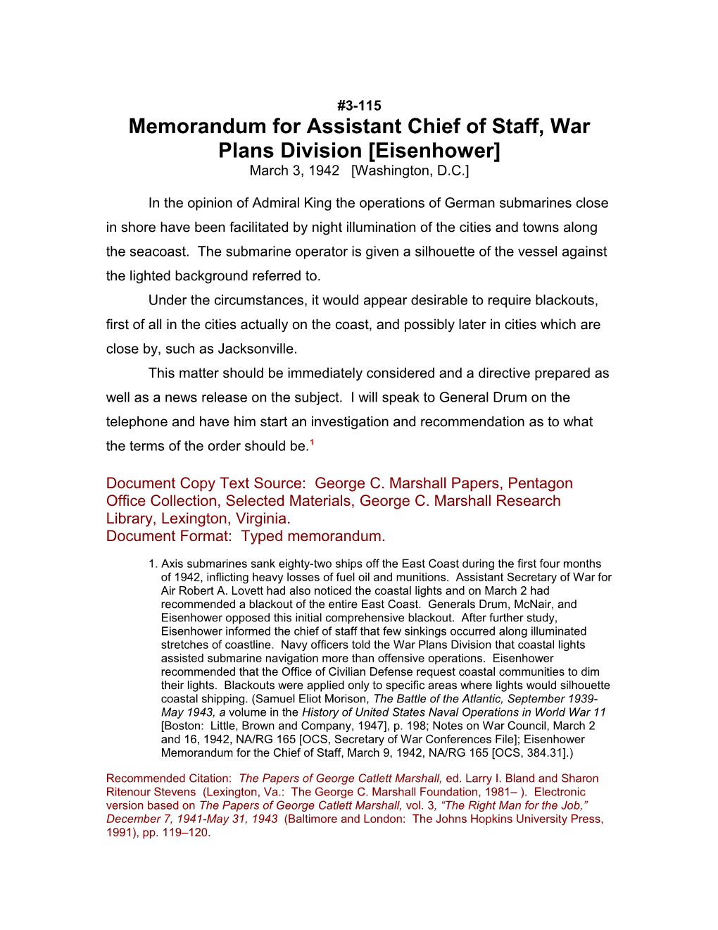 Memorandum for Assistant Chief of Staff, War Plans Division Eisenhower