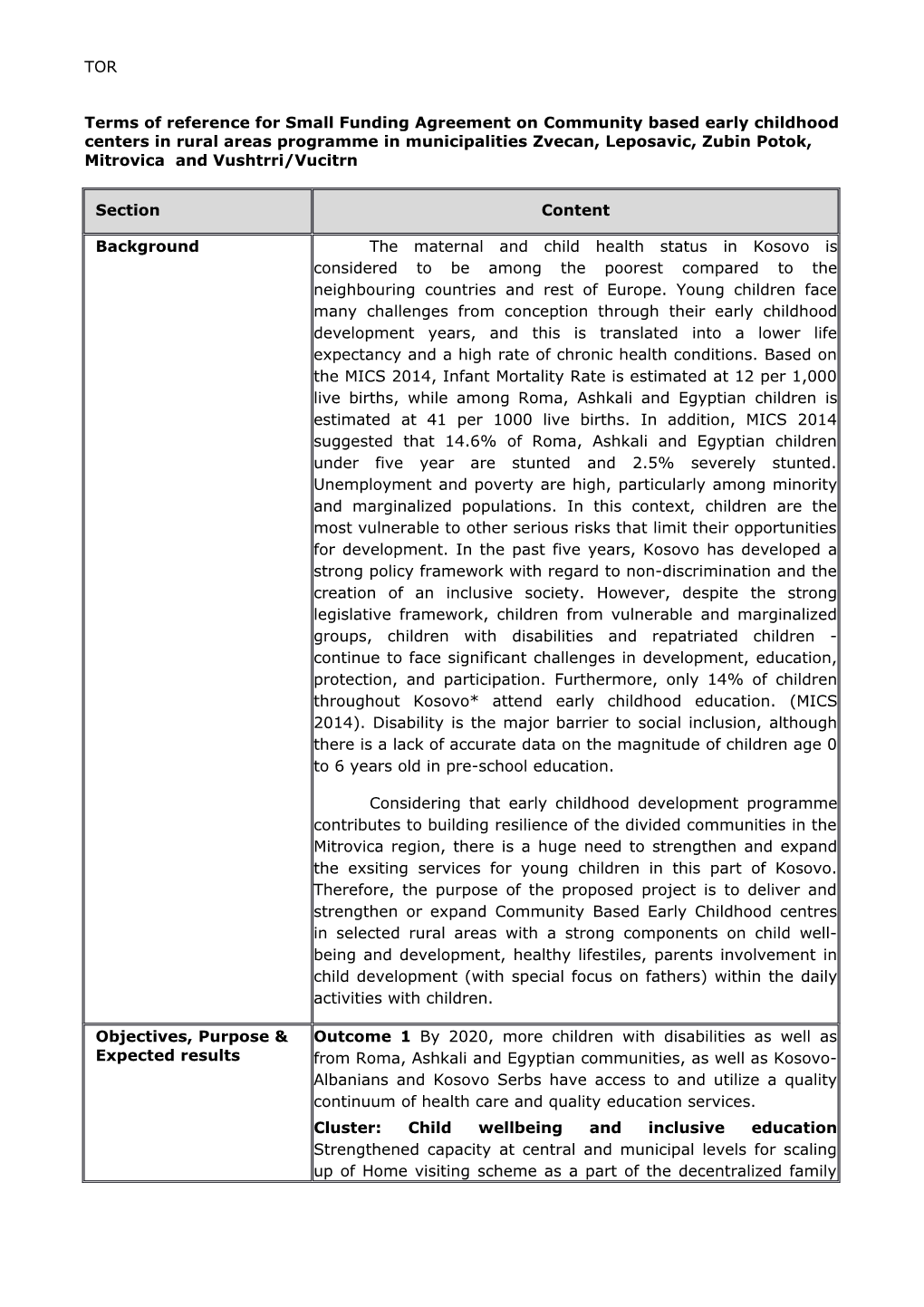 Terms of Reference for Small Funding Agreement on Community Based Early Childhood Centers