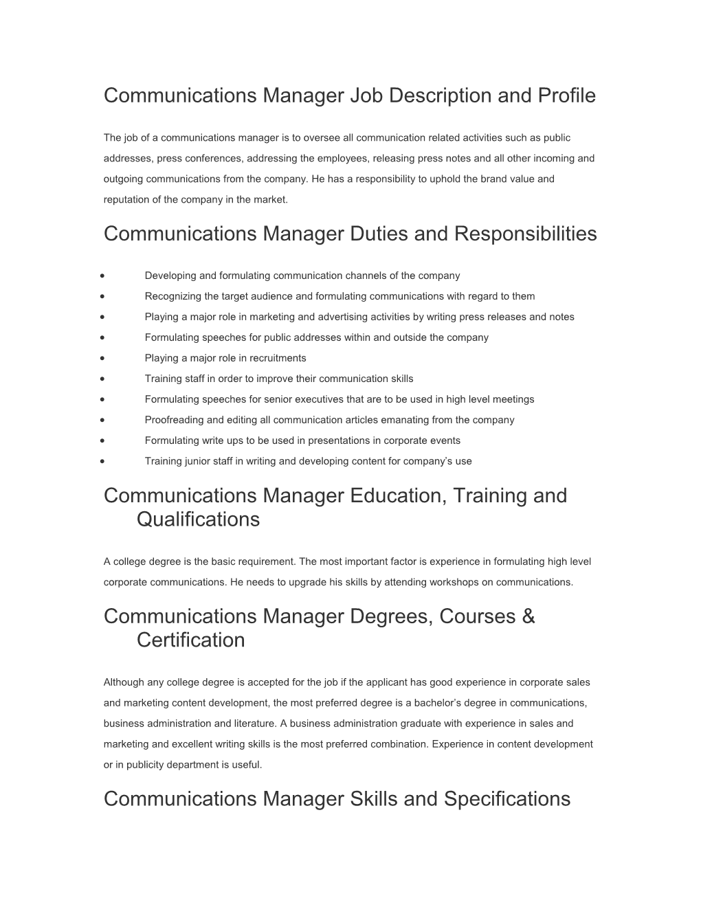 Communications Manager Job Description and Profile