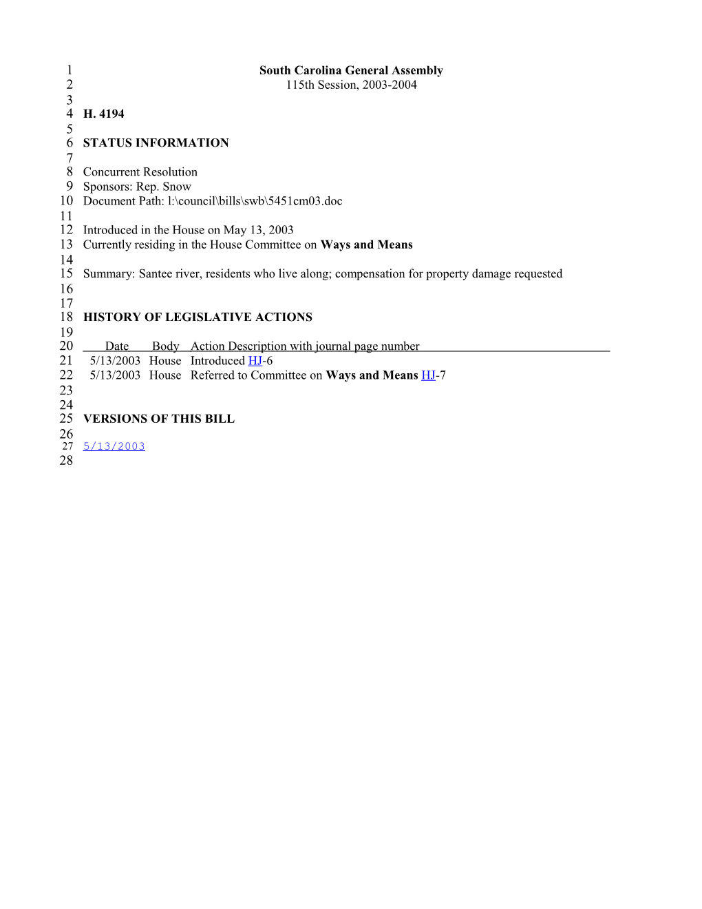 2003-2004 Bill 4194: Santee River, Residents Who Live Along; Compensation for Property