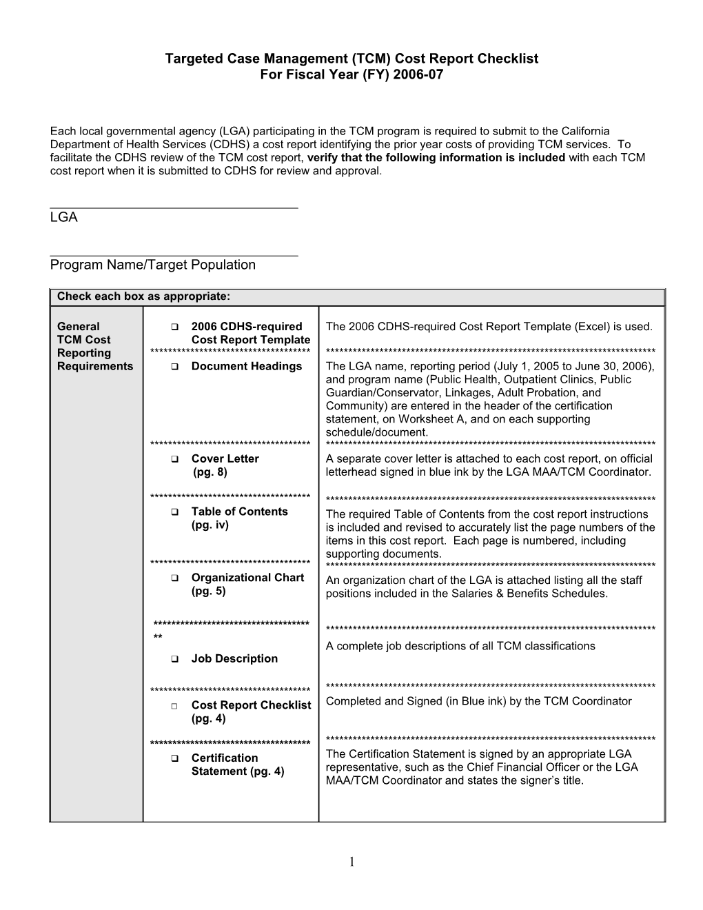 Targeted Case Management (TCM) Cost Report Checklist