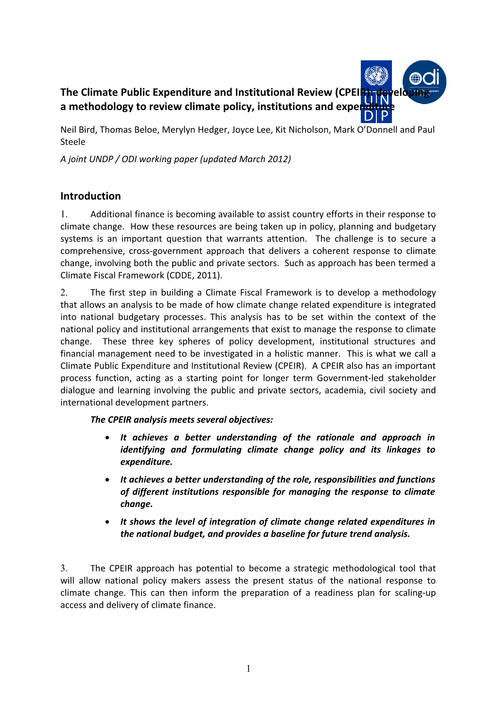 The Climate Public Expenditure and Institutional Review (CPEIR): Developing a Methodology