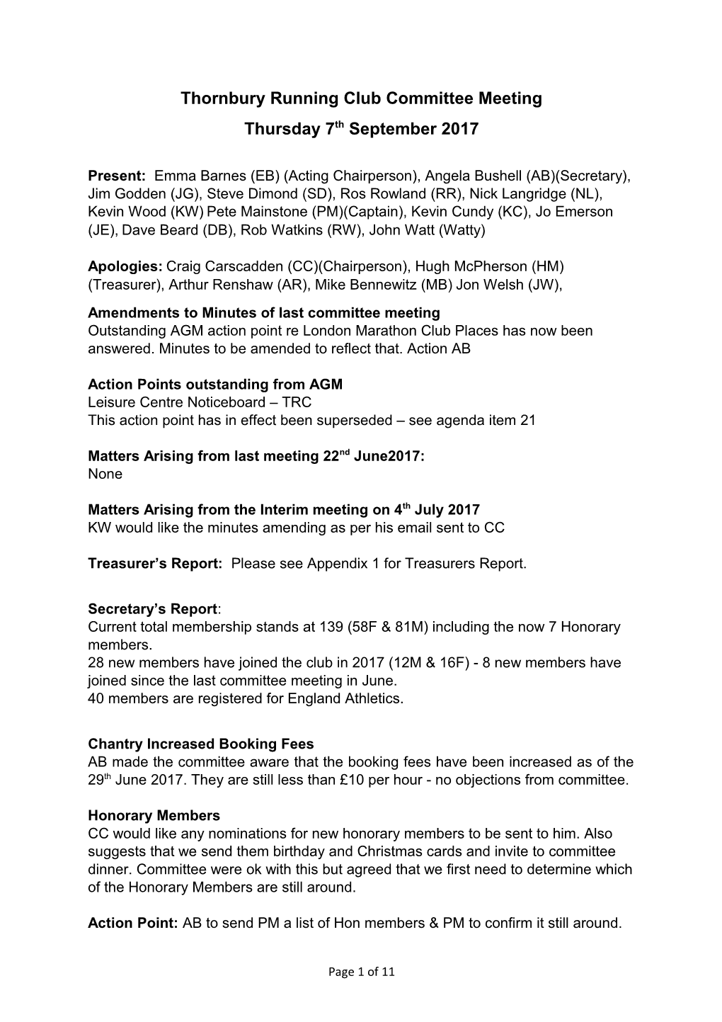 Thornbury Running Club Committee Meeting