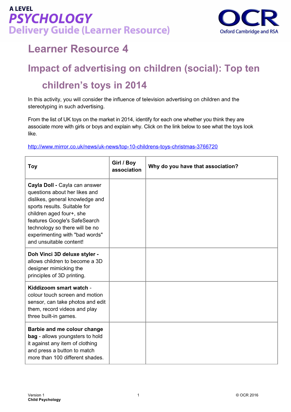 OCR a Level Psychology Delivery Guide (Learner Resource) Child Psychology (Learner Resource 4)