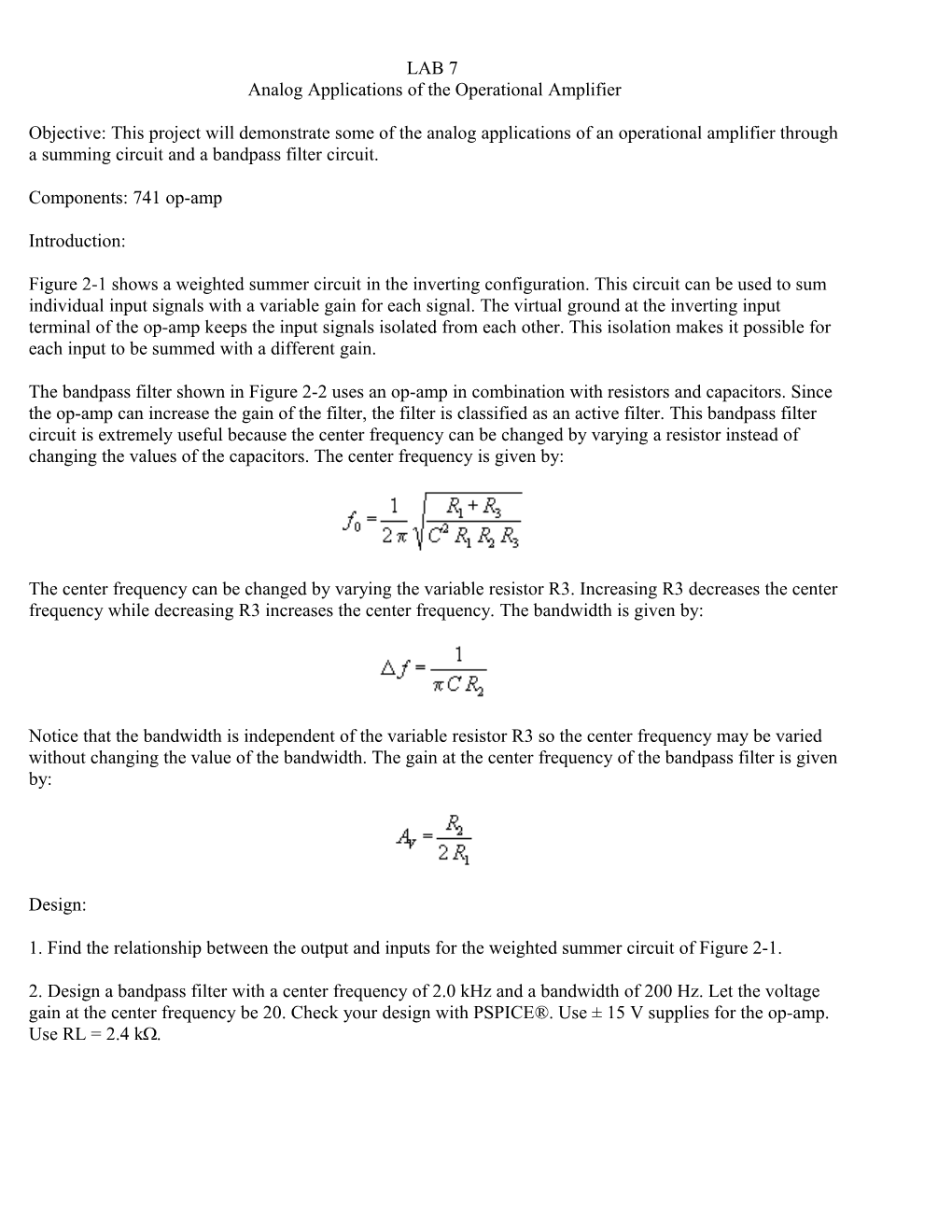 LAB 7 Analog Applications of the Operational Amplifier