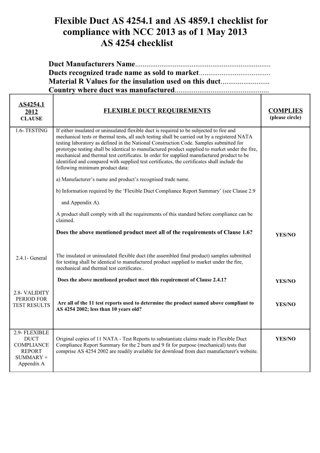 Flexible Duct Compliance Checklist