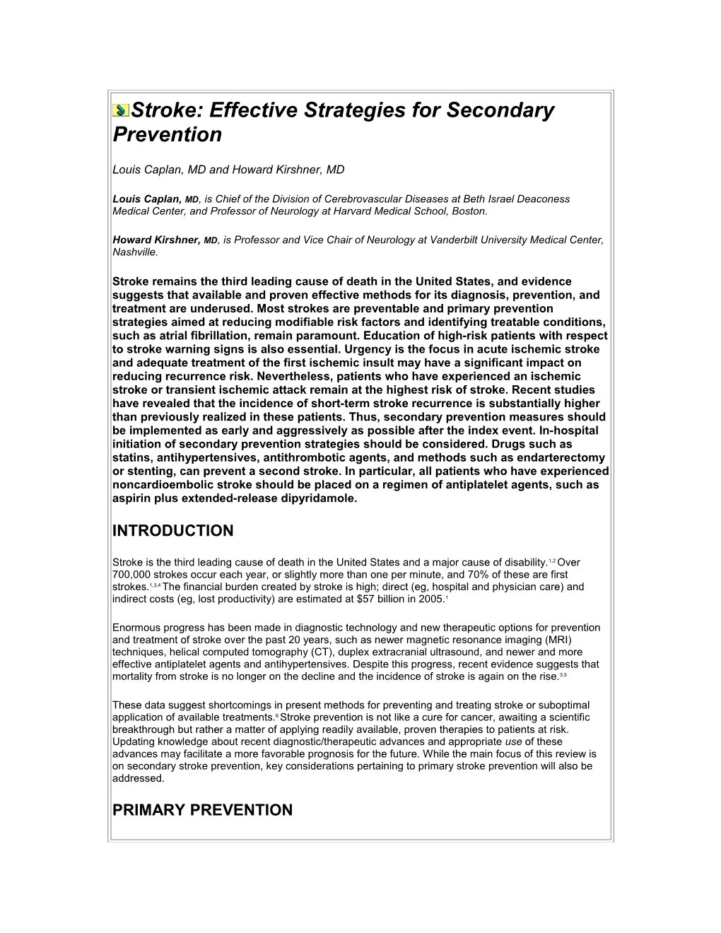 Stroke: Effective Strategies for Secondary Prevention