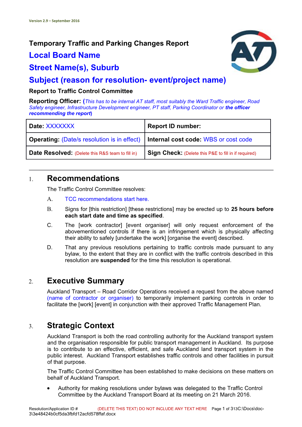 Temporary Traffic and Parking Changes Report Version 2.9