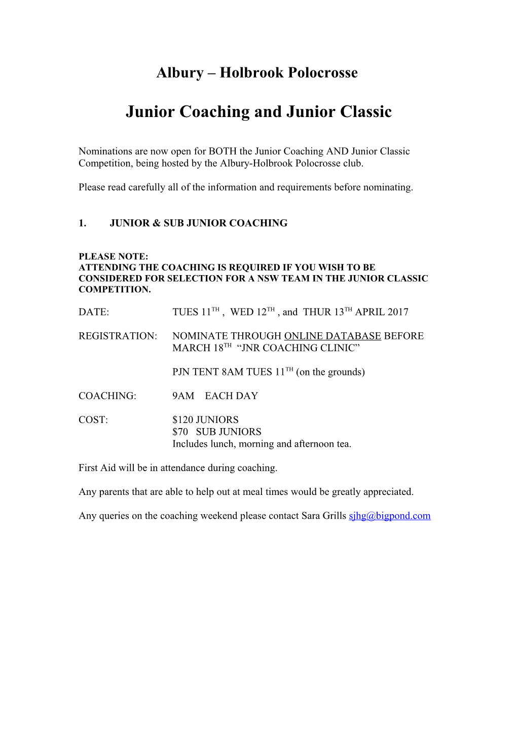 Junior Coaching and Junior Classic