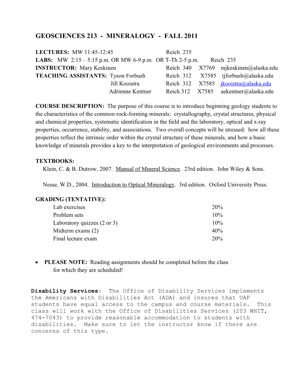 Geosciences 213 - Mineralogy - Fall 2003