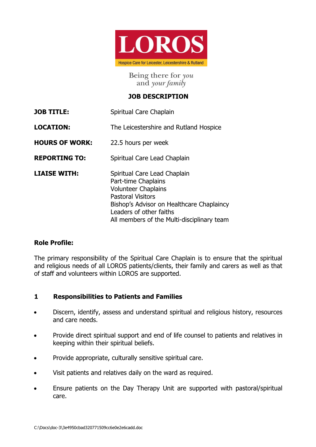 JOB TITLE:Spiritual Care Chaplain