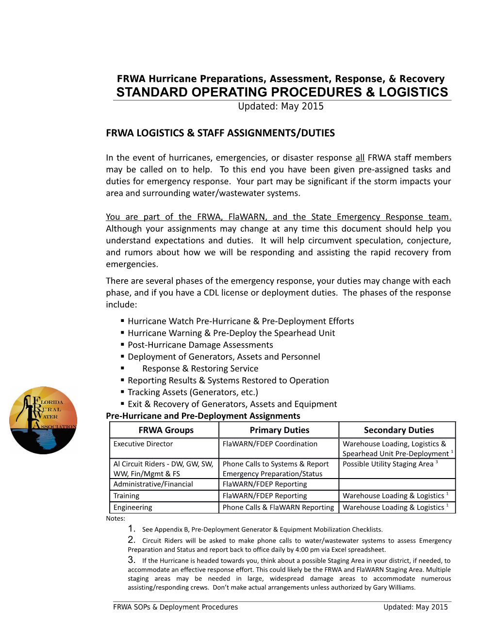 FRWA Hurricane Sops & Logistics