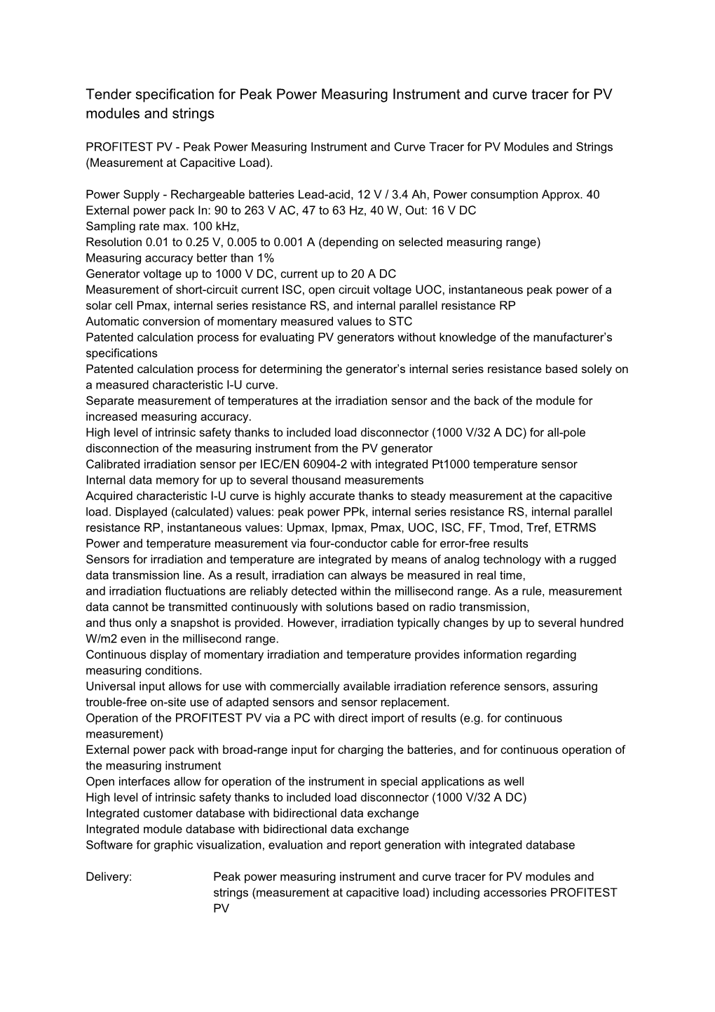 Tender Specification for Peak Power Measuring Instrument and Curve Tracer for PV Modules