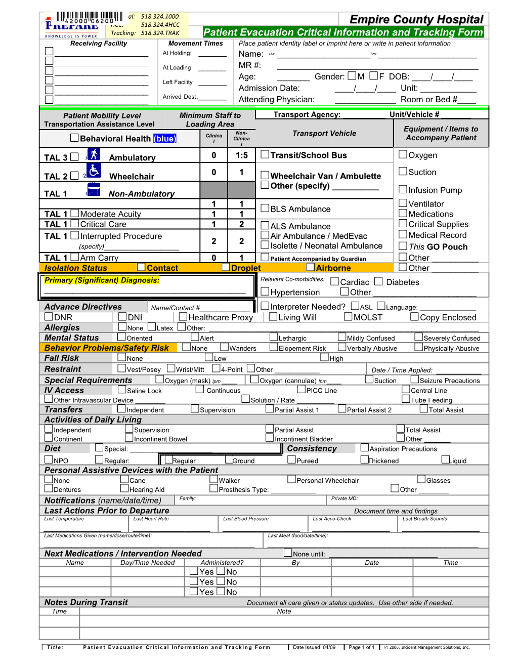 Patient Evacuation Critical Information and Tracking Form