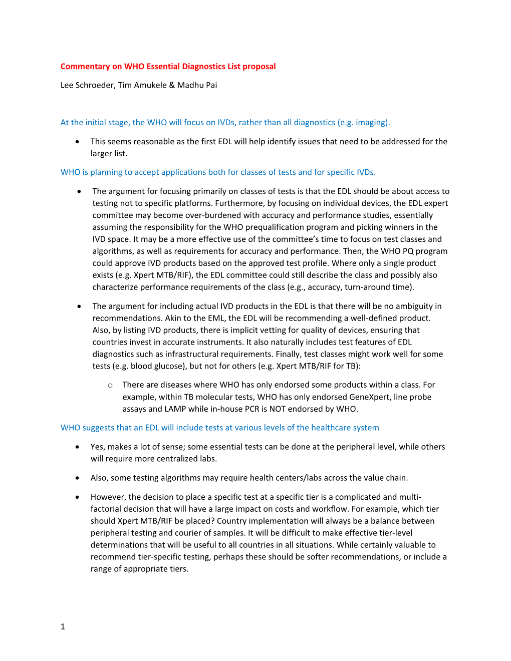 Commentary on Whoessential Diagnostics List Proposal