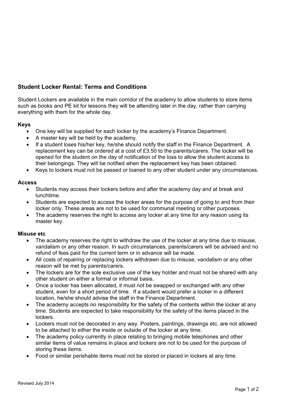 Student Locker Rental: Terms and Conditions