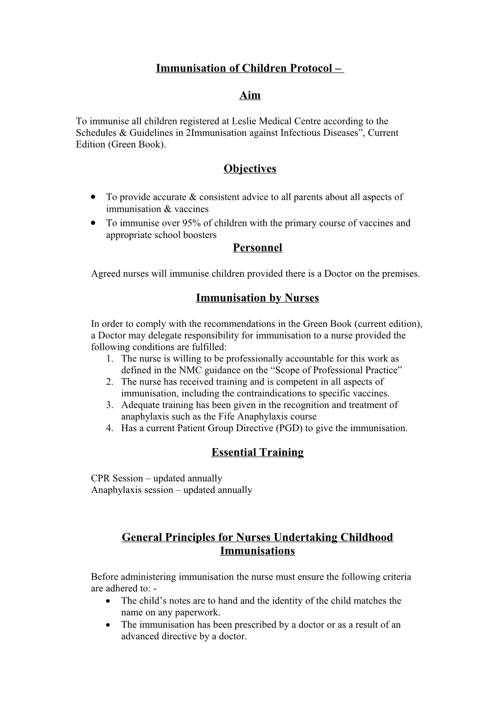 Immunisation of Children Protocol Leslie Surgery