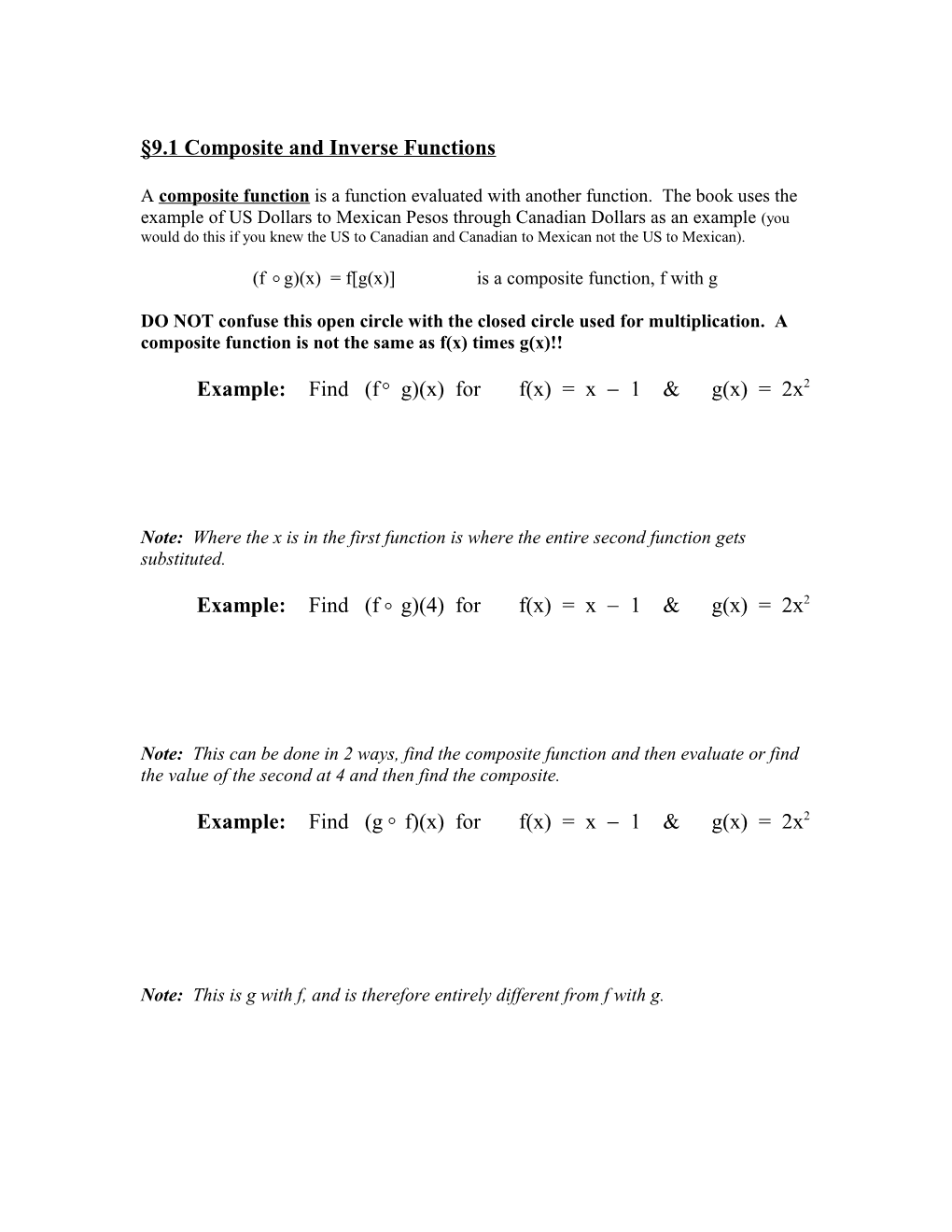 9.1 Composite and Inverse Functions