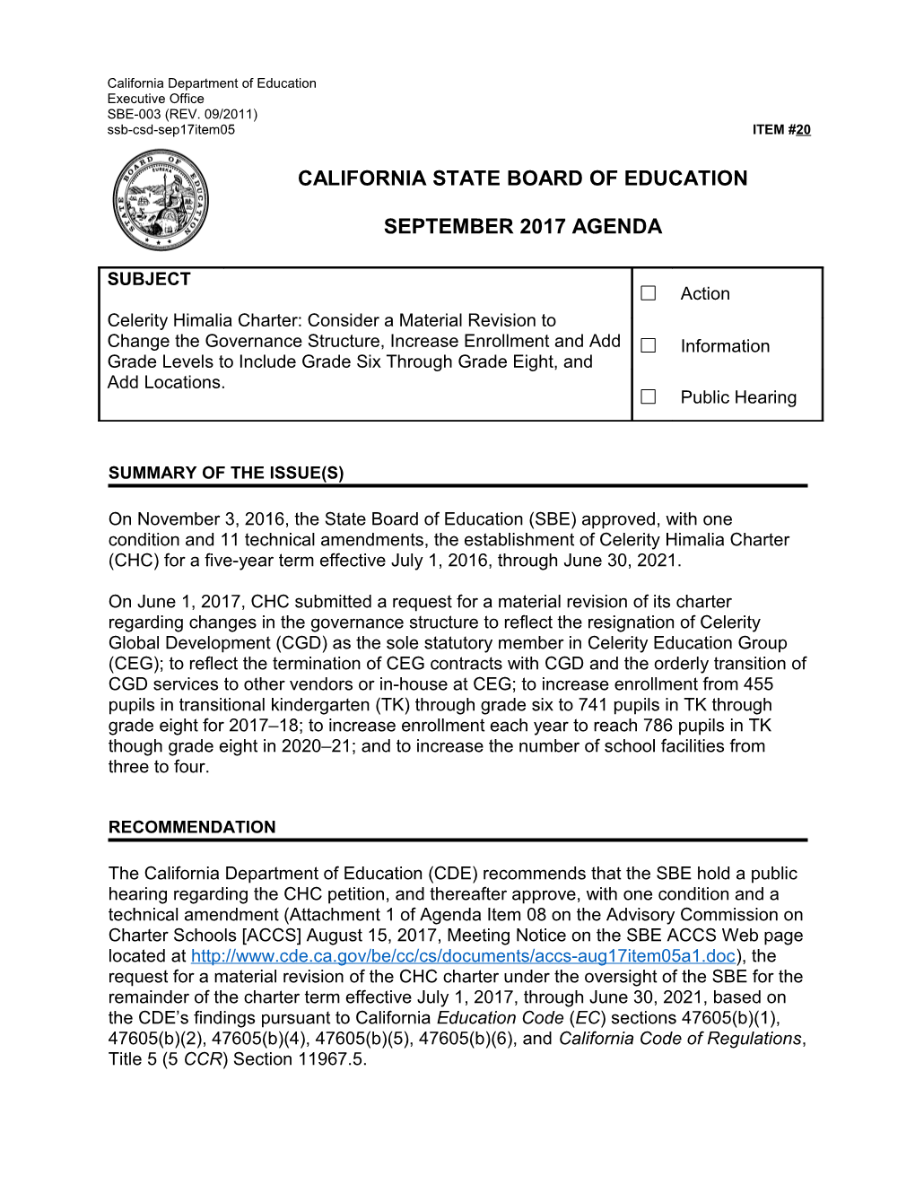 September 2017 Agenda Item 20 - Meeting Agendas (CA State Board of Education)
