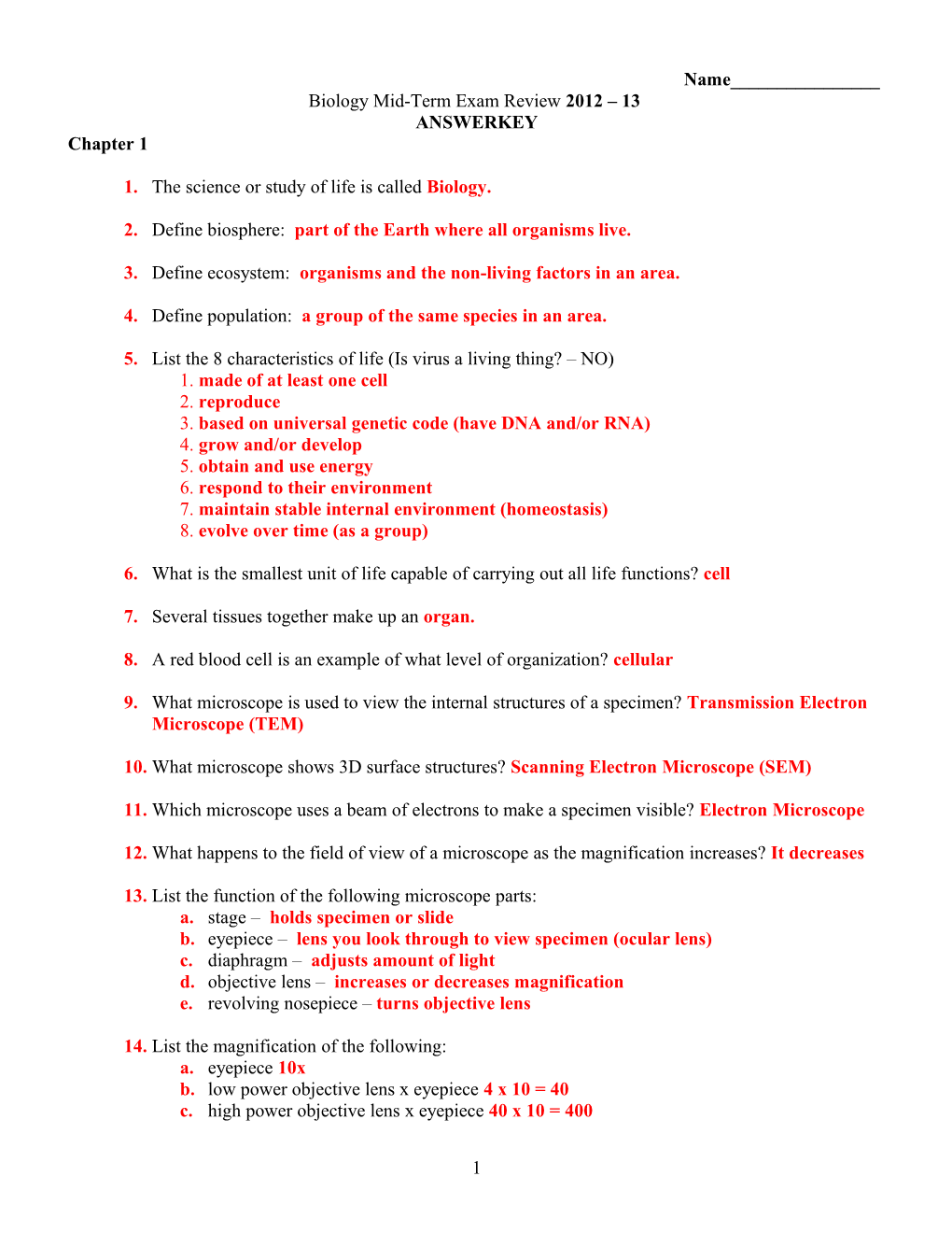 Biology Mid-Term Exam Review 2012 13