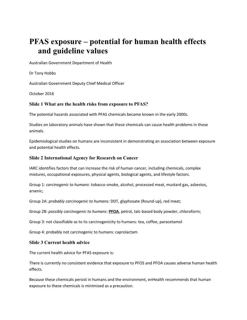 PFAS Exposure Potential for Human Health Effects and Guideline Values