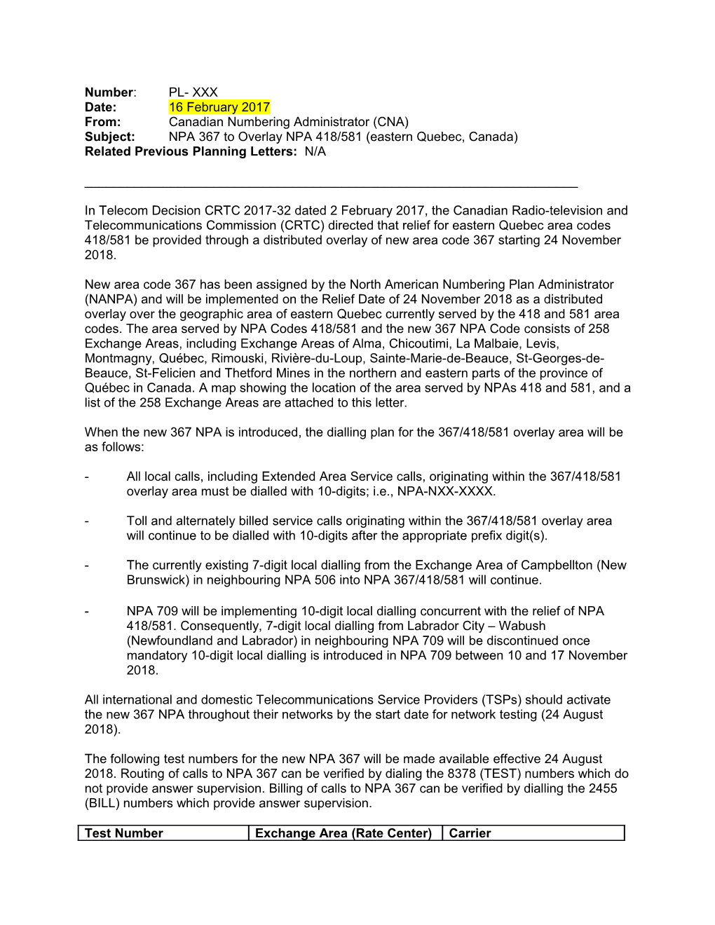 NPA 418/581 Planning Letter