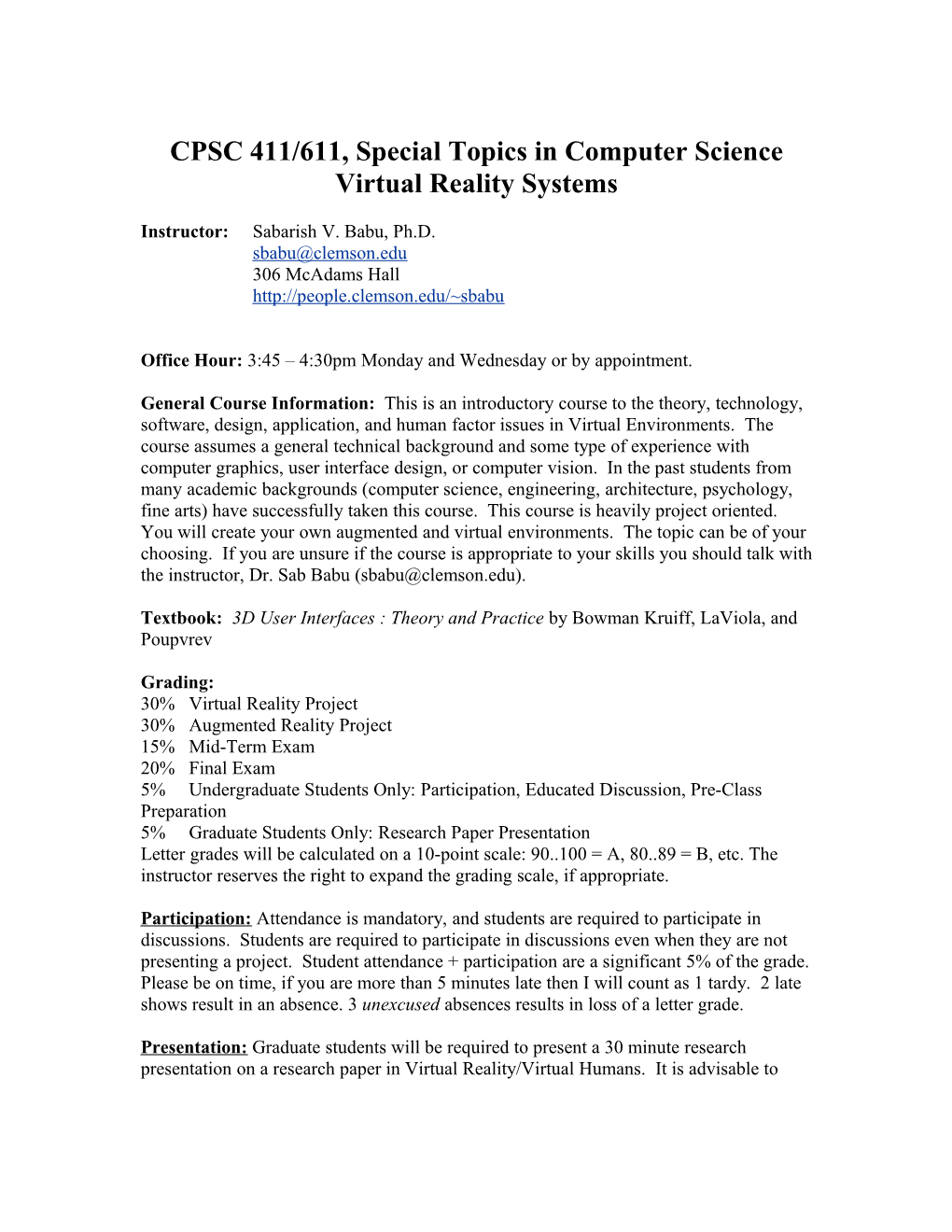 CPSC 411/611, Special Topics in Computer Science