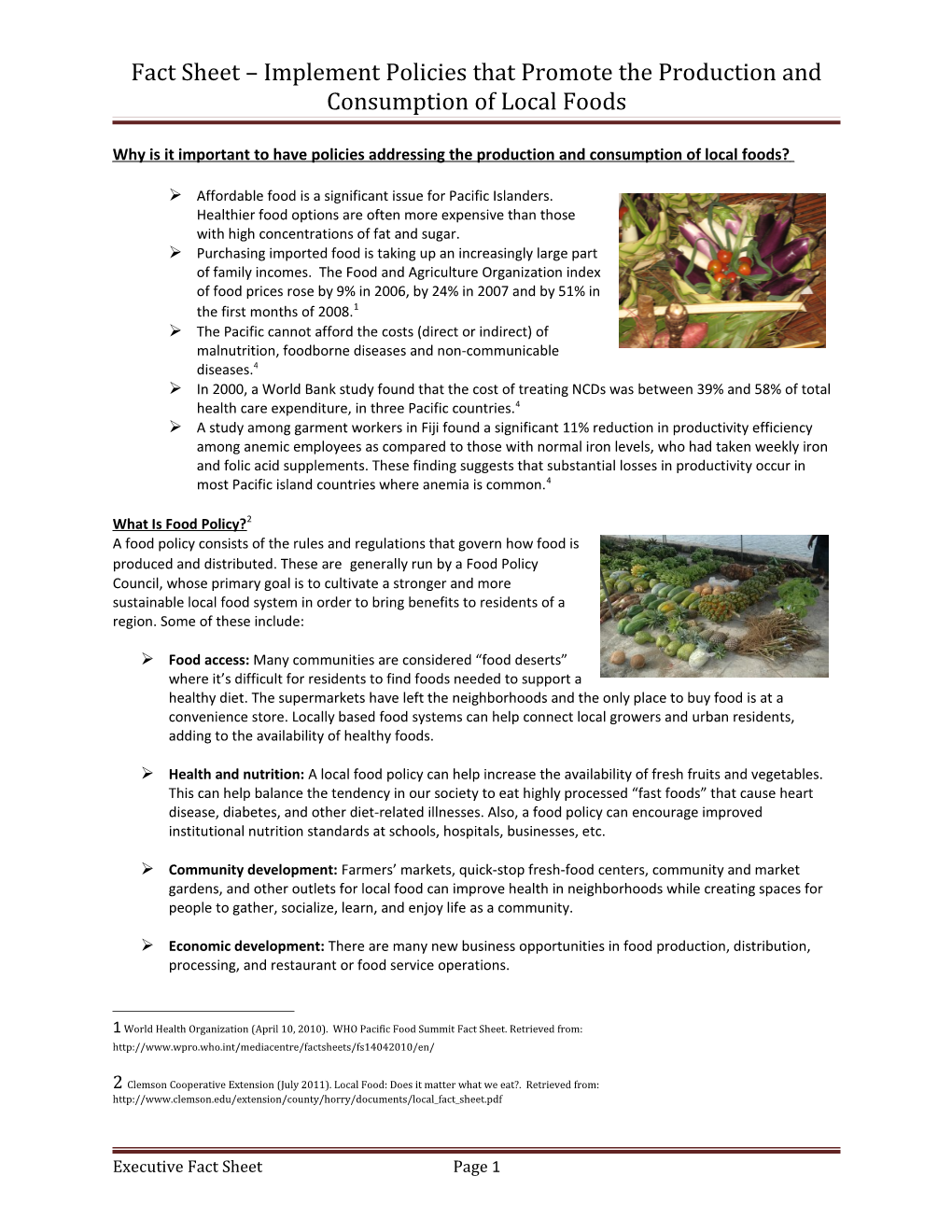 Fact Sheet Implement Policies That Promote the Production and Consumption of Local Foods