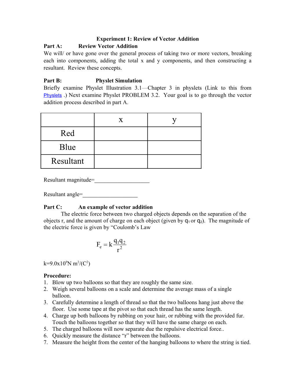 Experiment 1: Review of Vector Addition