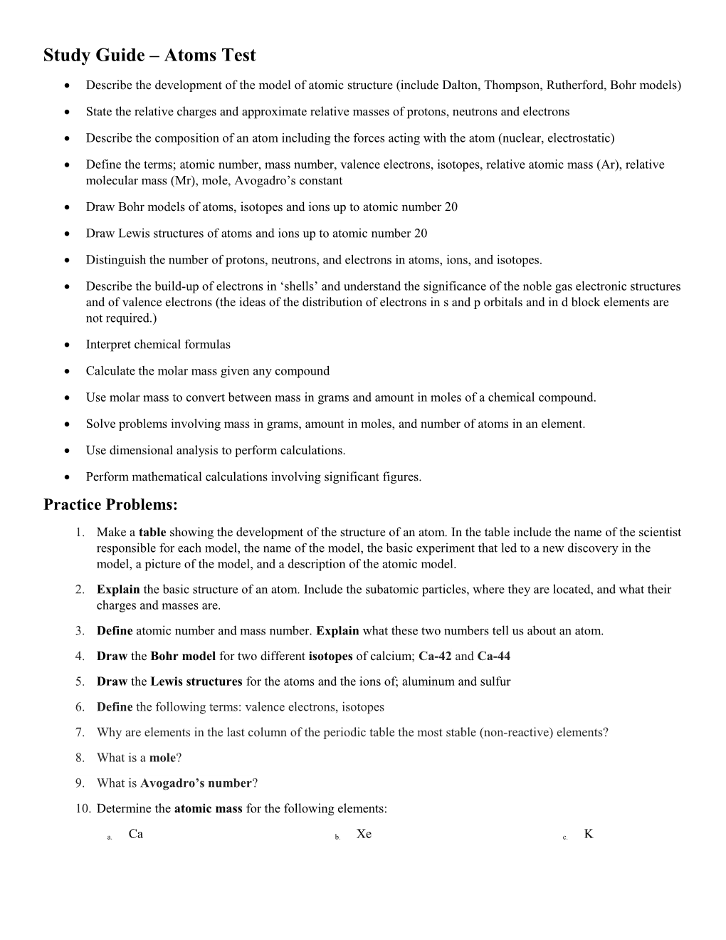 Study Guide Atoms Test