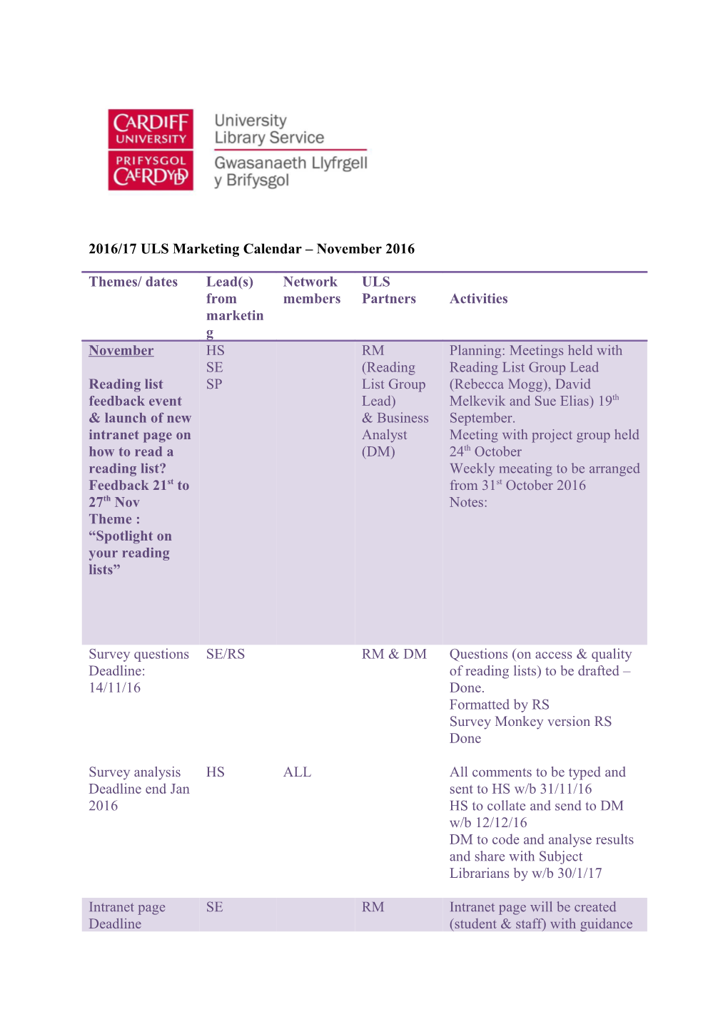 2016/17 ULS Marketing Calendar November 2016