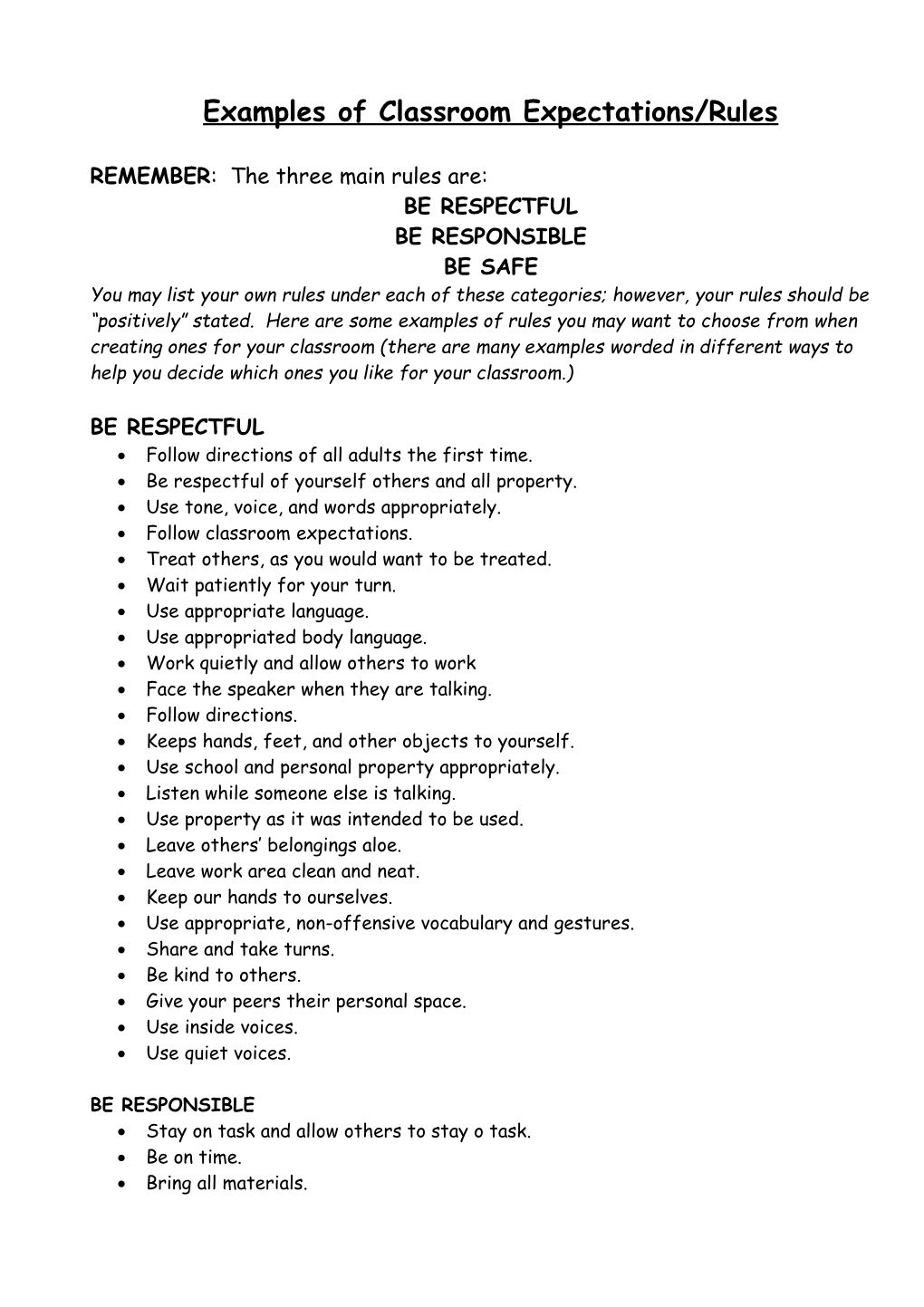 Examples of Classroom Expectations/Rules the SWPBS