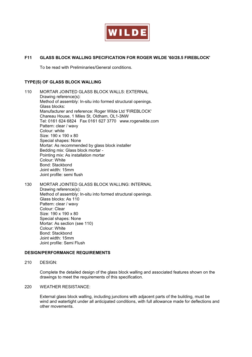 F11glass Block Walling Specification for Roger Wilde '60/28.5 Fireblock'