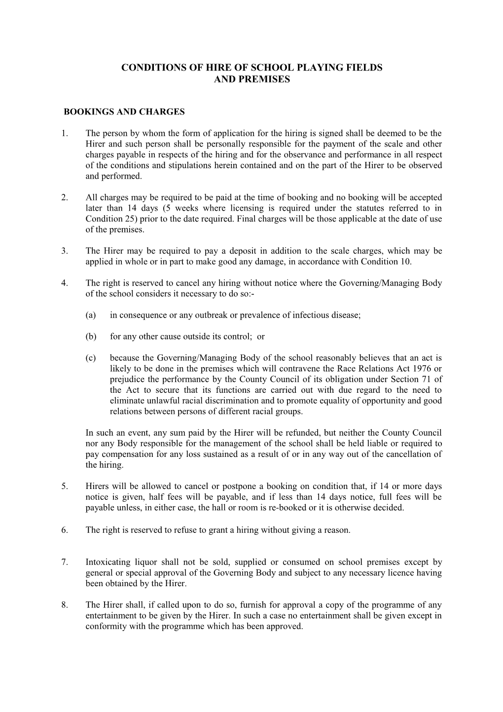 Conditions of Hire of School Playing Fields