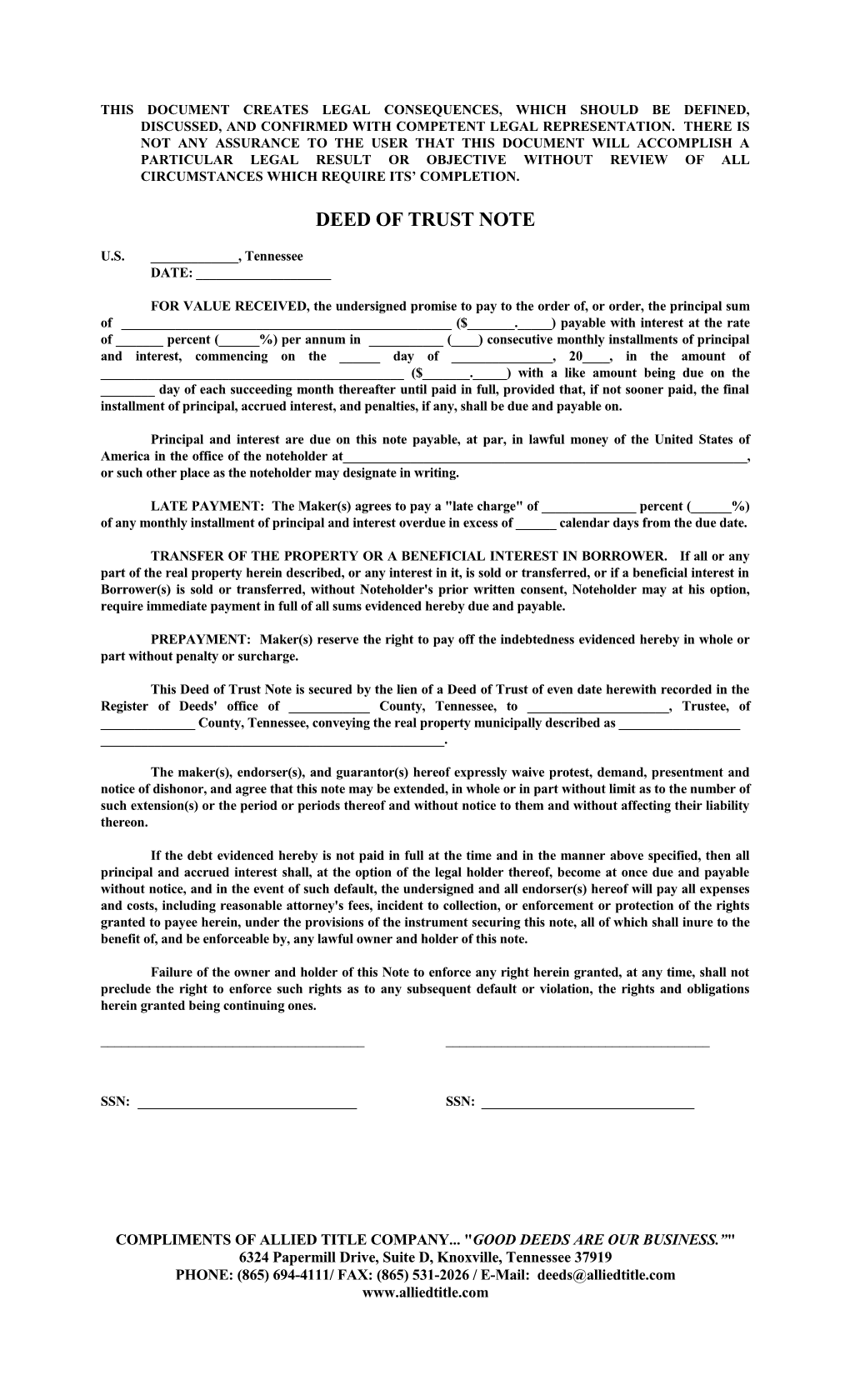 Deed of Trust Note