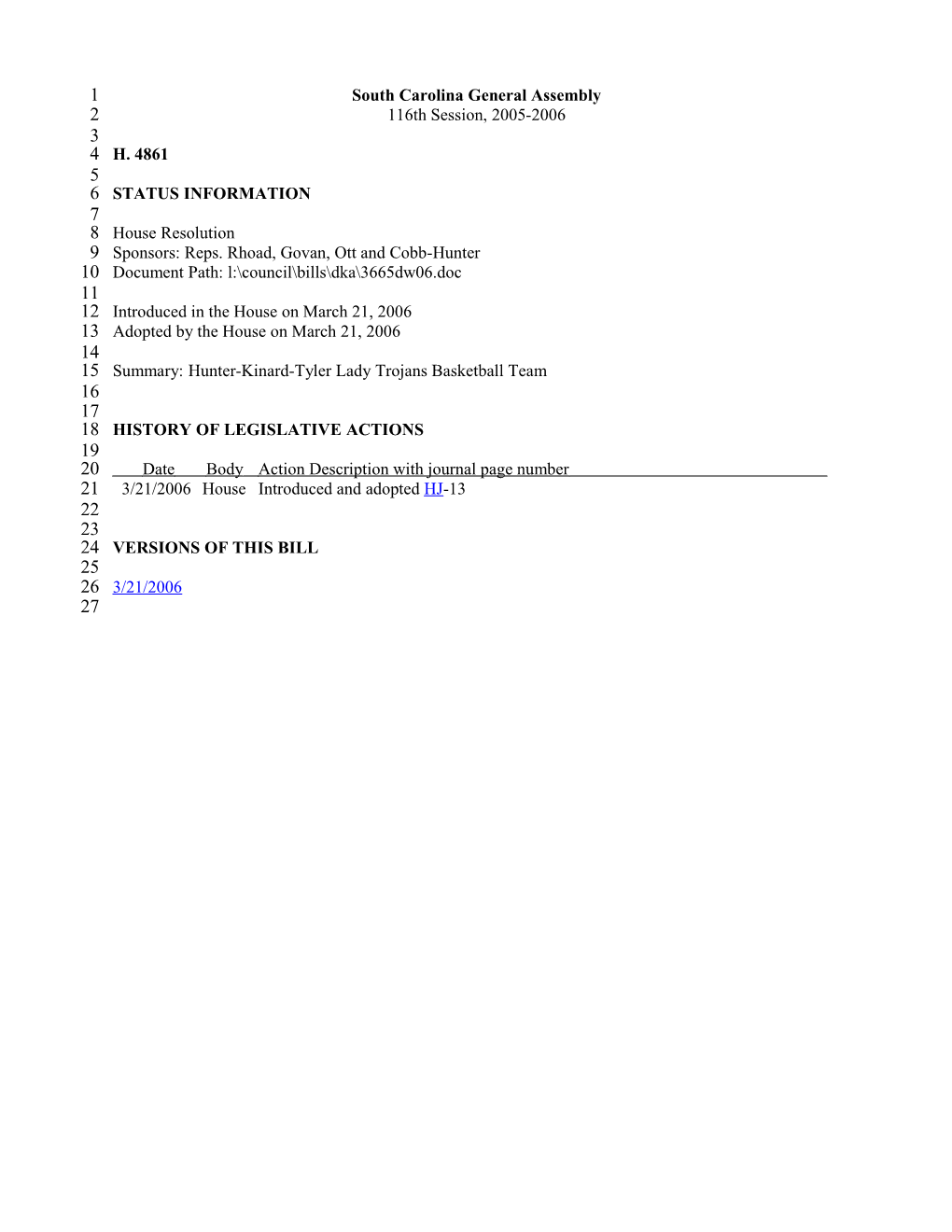 2005-2006 Bill 4861: Hunter-Kinard-Tyler Lady Trojans Basketball Team - South Carolina