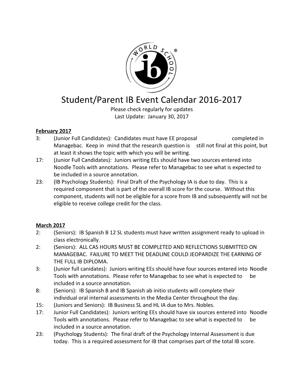 Student/Parent IB Event Calendar 2016-2017