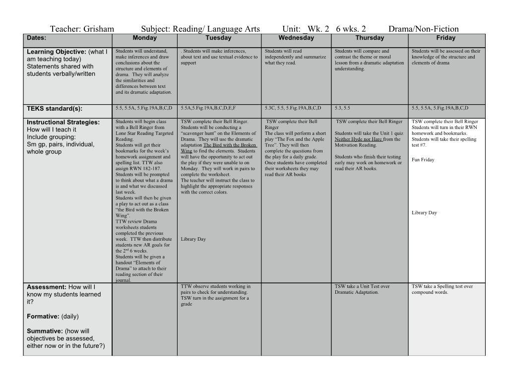 Teacher: Grisham Subject: Reading/ Language Arts Unit: Wk. 2 6 Wks. 2 Drama/Non-Fiction