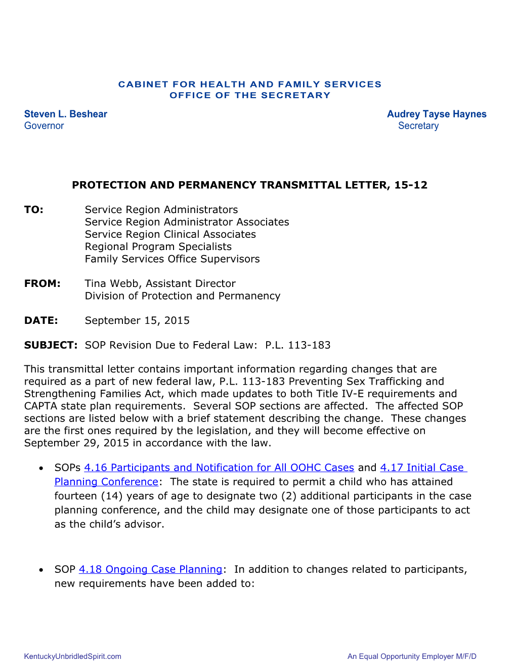 PPTL 15-12 SOP Revision Due to Federal Law P.L. 113-183