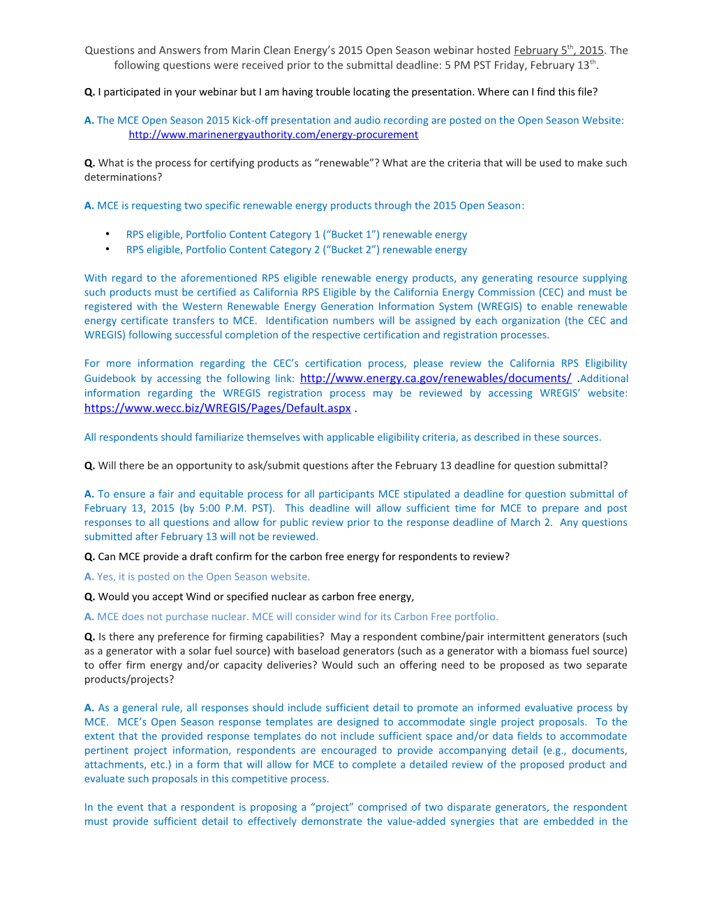 Questions and Answers from Marin Clean Energy S 2015 Open Season Webinar Hosted February