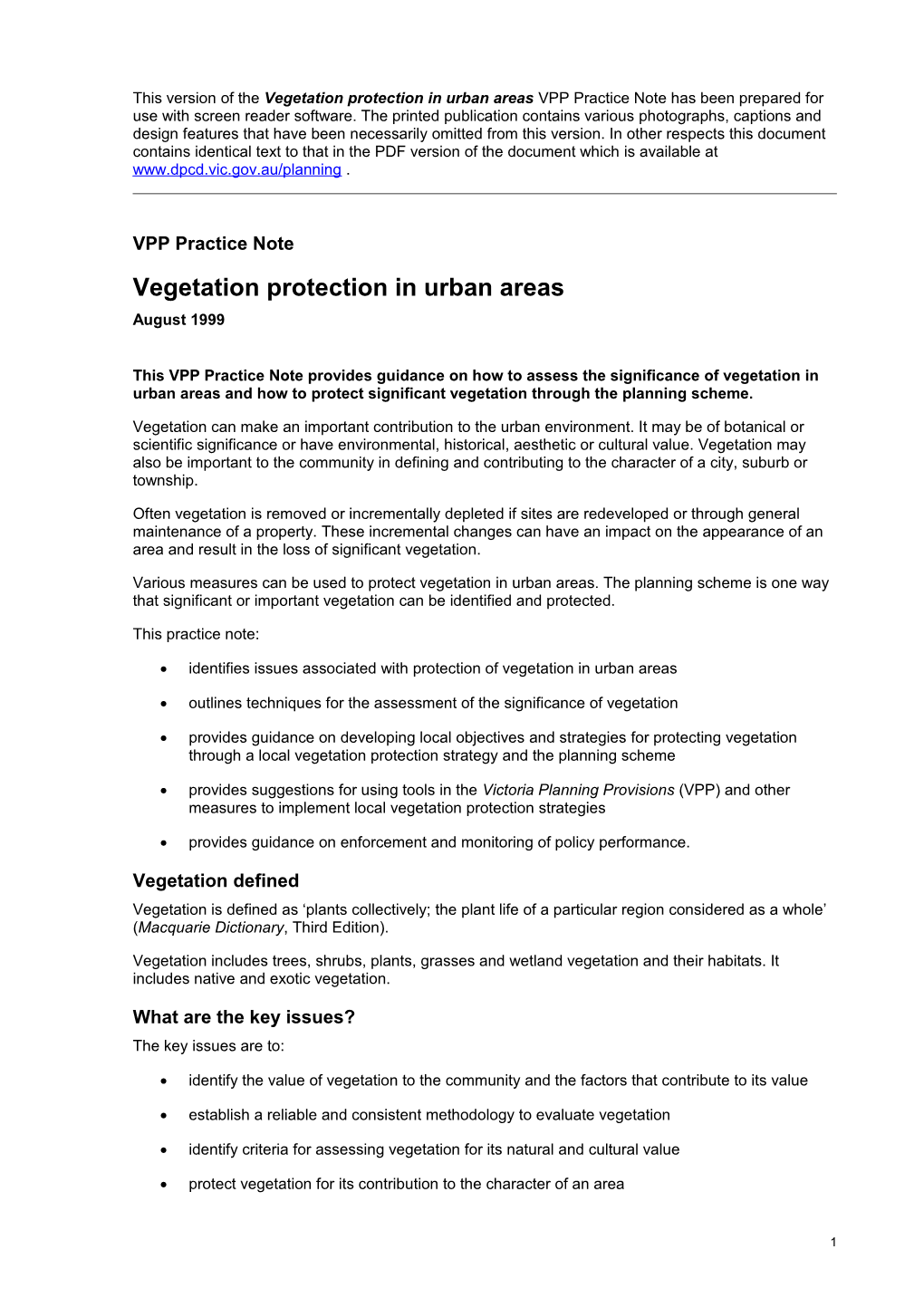 Planning Practice Note 7: Vegetation Protection in Urban Areas