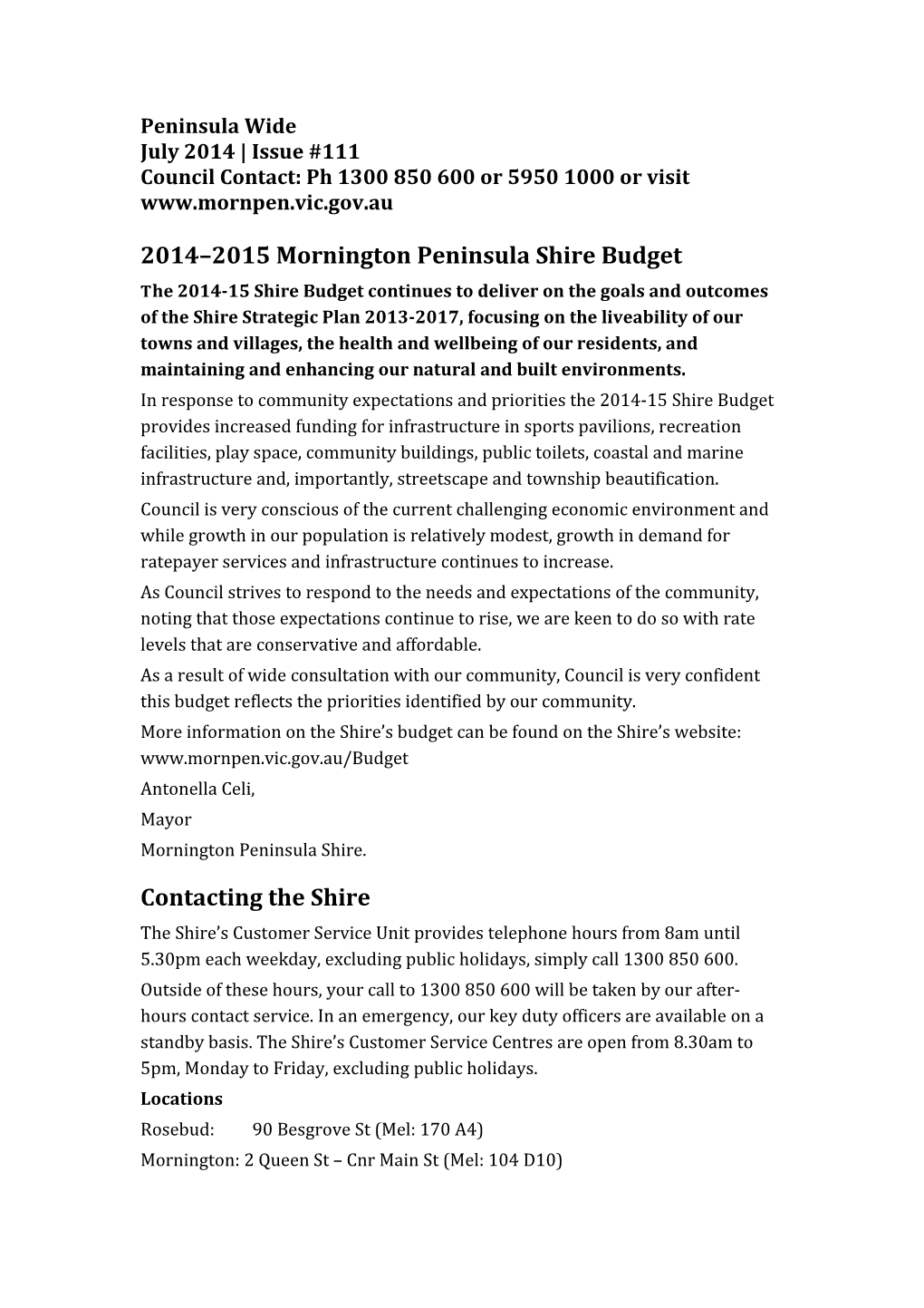 2014 2015 Mornington Peninsula Shire Budget