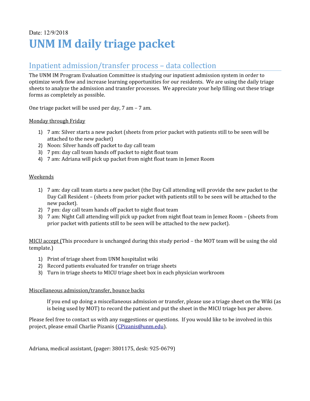 Inpatient Admission/Transfer Process Data Collection