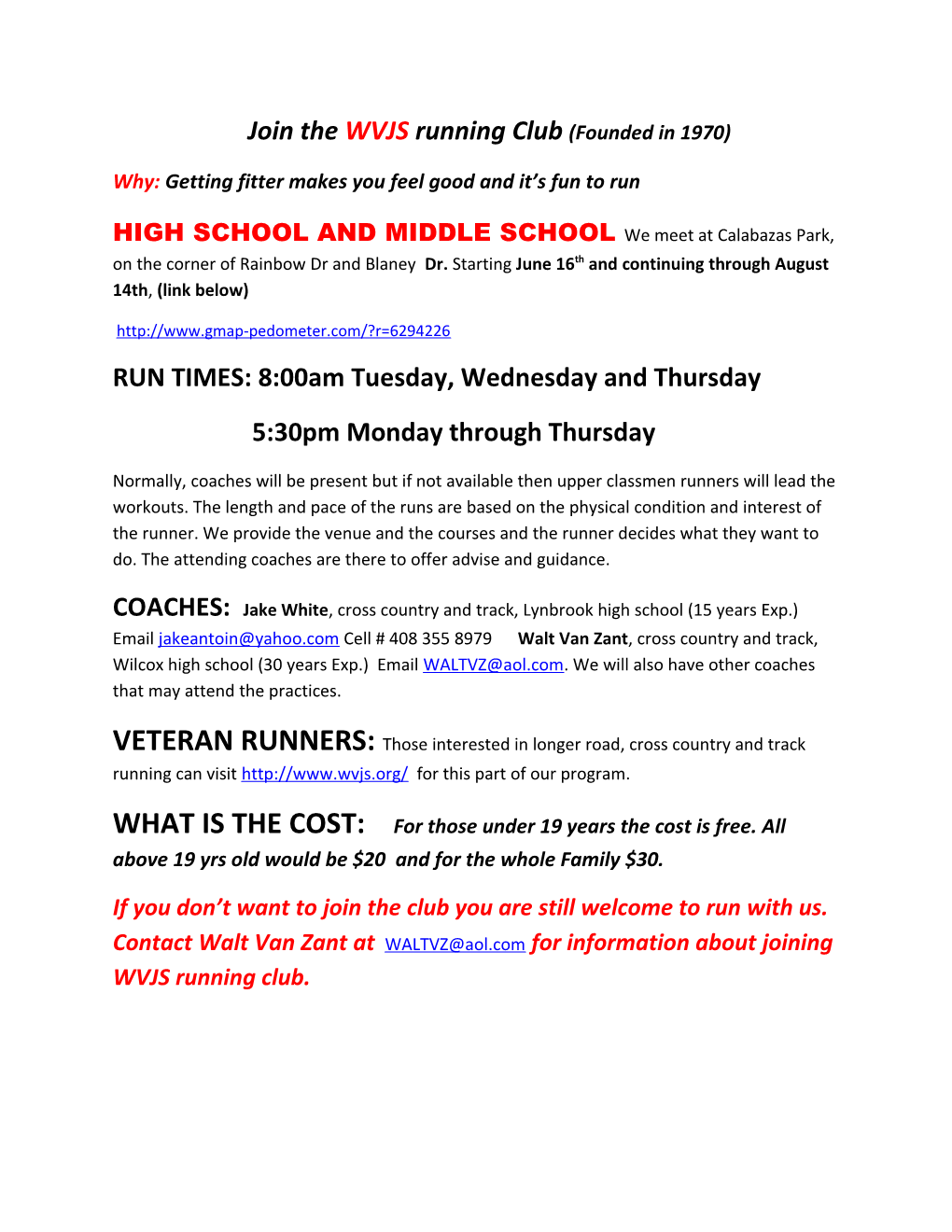 Join the WVJS Running Club (Founded in 1970)