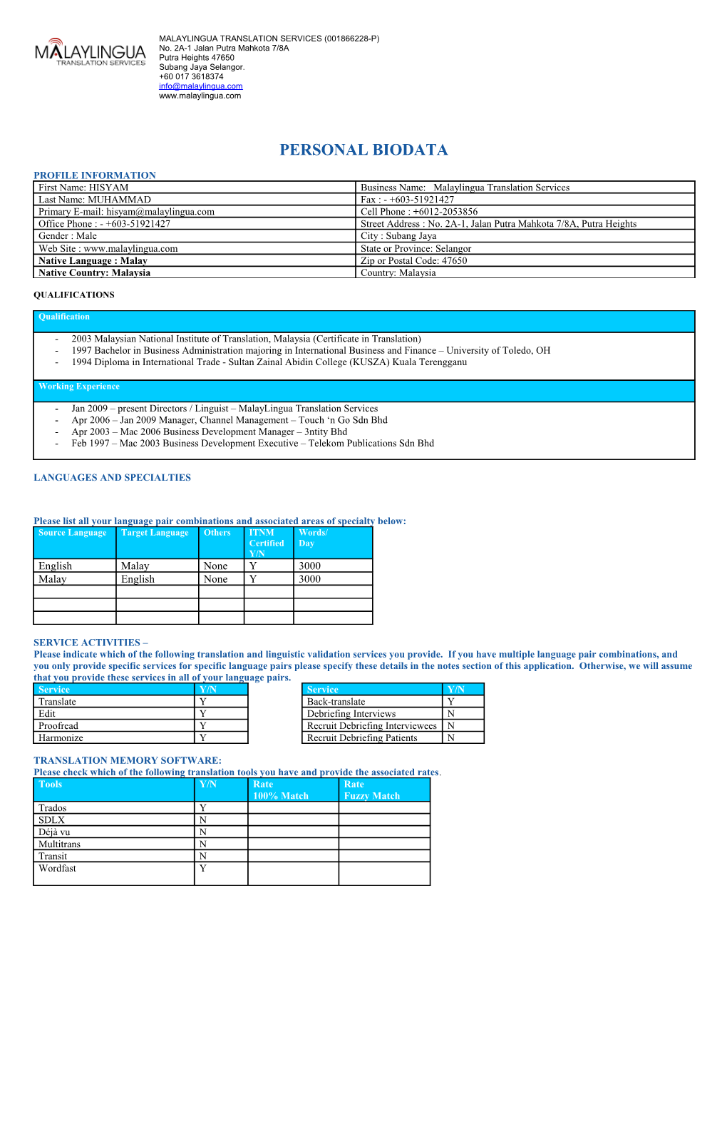 Personal Biodata