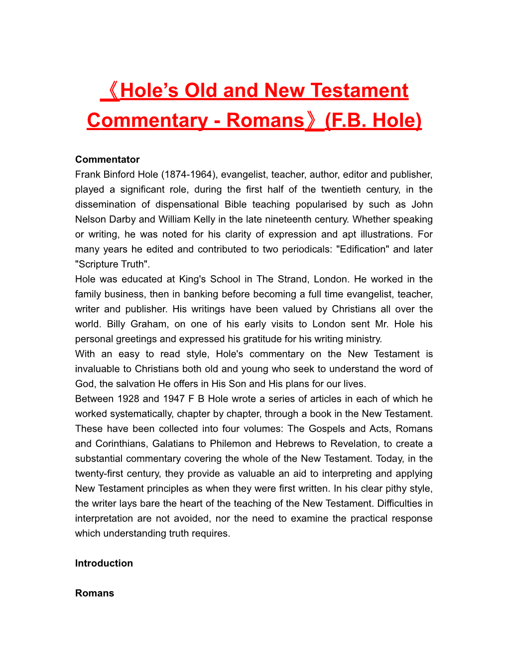 Hole S Old and New Testamentcommentary-Romans (F.B. Hole)