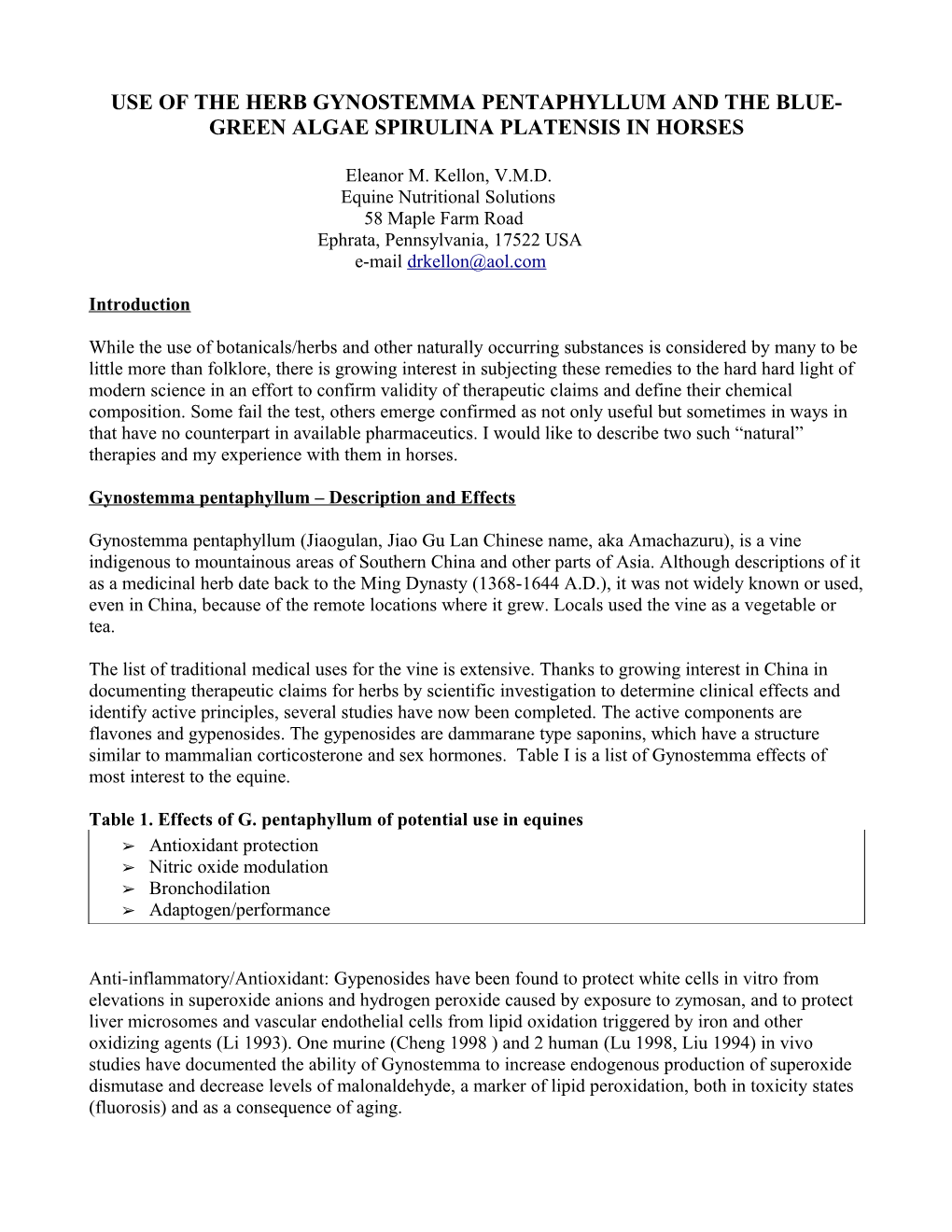 Use of the Herb Gynostemma Pentaphyllum and the Blue-Green Algae Spirulina Platensis in Horses